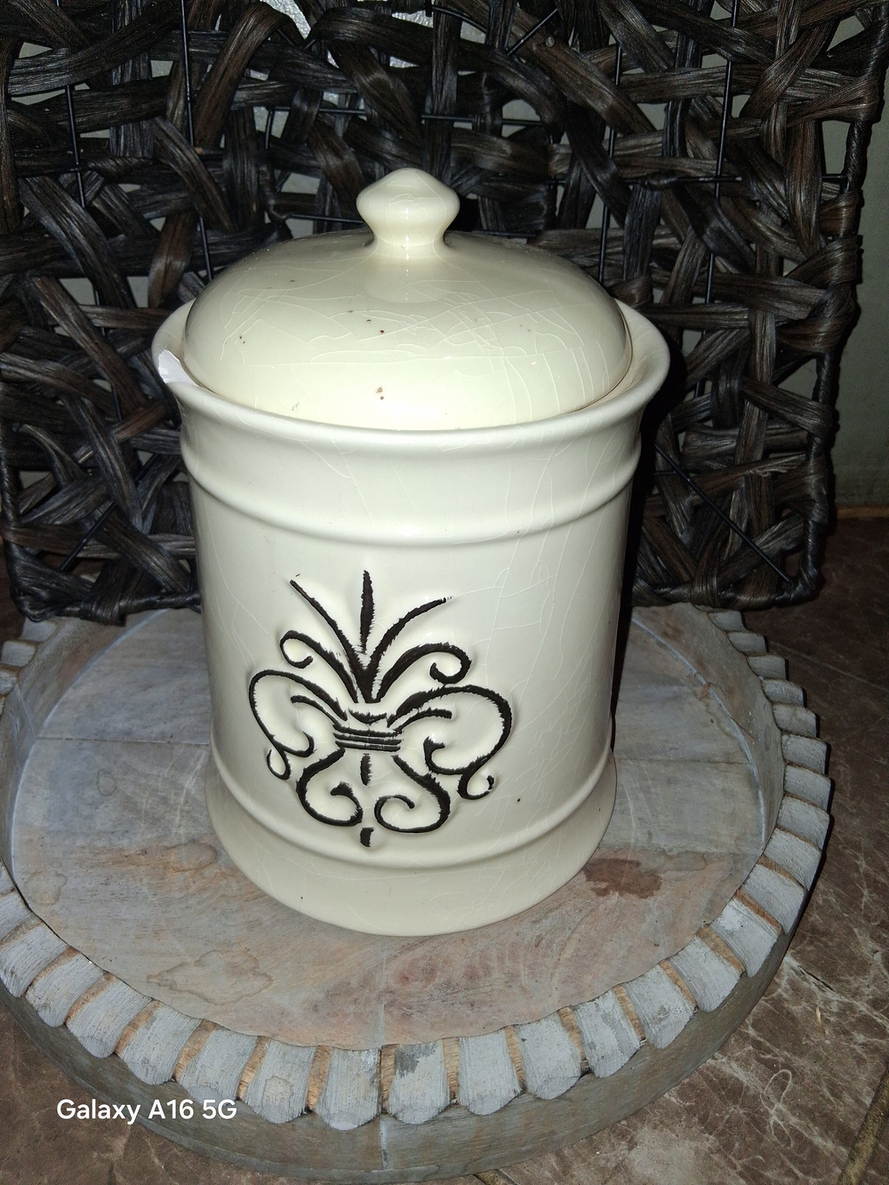 Cream Ceramic Decorative Canister with Fleur-de-Lis Accent